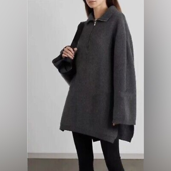 Toteme fisherman zipped wool blend roll neck sweater dark gray melange oversized - Picture 5 of 10